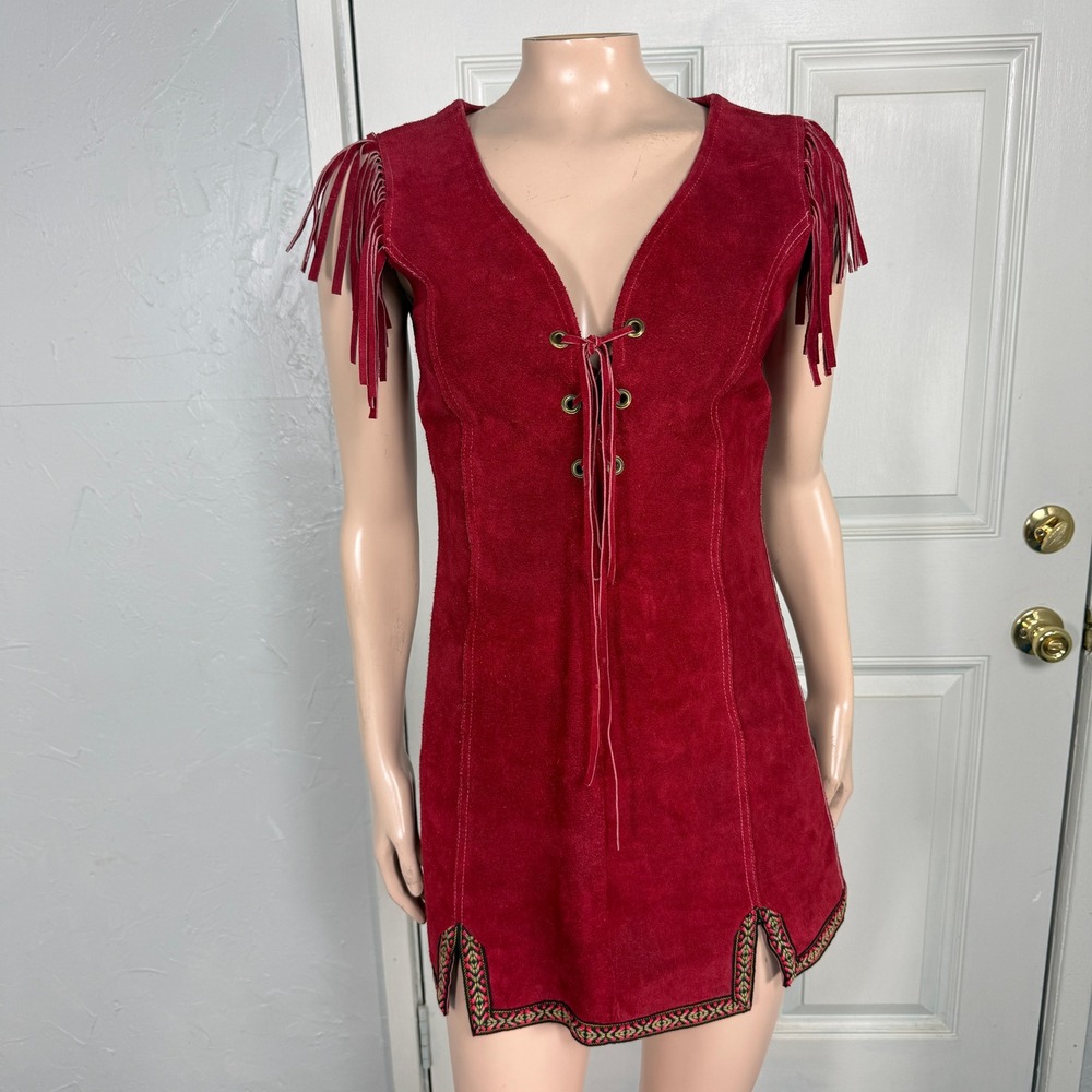 Vintage 70s Zigzag Dress Suede Fringe Lade Up San francisco Naive Western P3-20